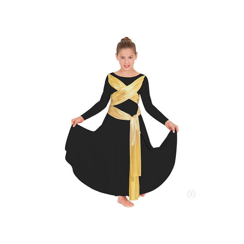 black and gold praise dance dresses Danzcue Child Praise Dance Shimmery Parallel Long Sleeve Dress Black-Gold / 8-10-Child